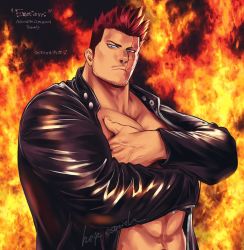 Rule 34 | 1boy, abs, artist name, bara, black jacket, blue eyes, boku no hero academia, burn scar, closed mouth, covering privates, covering chest, endeavor (boku no hero academia), facial hair, jacket, large pectorals, male focus, muscular, muscular male, open clothes, open jacket, pectorals, red hair, scar, scar on face, short hair, solo, upper body, yococco