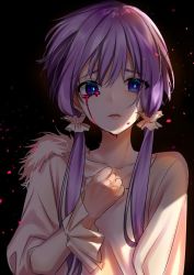 Rule 34 | 1girl, bad id, bad twitter id, black background, blood, bloody tears, blue eyes, bright pupils, clenched hand, collarbone, crying, crying with eyes open, frilled sleeves, frills, hand on own chest, light, long sleeves, looking at viewer, parted lips, purple hair, shirt, short hair with long locks, sidelocks, solo, tears, upper body, vocaloid, voiceroid, white shirt, yodare (3yami8), yuzuki yukari