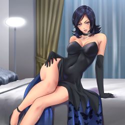 Rule 34 | absurdres, amano maya, atlus, black dress, black hair, breasts, choker, cleft of venus, dress, gloves, hand on own thigh, highres, kerana art, large breasts, leotard, on bed, persona, persona 2, presenting, purple eyes, thick thighs, thighs
