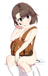 Rule 34 | 1girl, asymmetrical bangs, backpack, bag, blush, breasts, breasts squeezed together, brown eyes, brown hair, closed mouth, creatures (company), flying sweatdrops, game freak, gloria (pokemon), hand on own cheek, hand on own face, large breasts, nintendo, nude, pokemon, pokemon swsh, simple background, sitting, solo, thighhighs, tottotonero, white background, white thighhighs