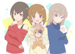 Rule 34 | 3girls, :d, aran sweater, bandages, black shirt, blue eyes, blue sweater, blush, boko (girls und panzer), brown eyes, brown hair, cable knit, casual, closed mouth, coffee mug, commentary, cup, girls und panzer, head tilt, holding, holding cup, holding stuffed toy, itsumi erika, kakuzatou (boxxxsugar), light blush, light frown, lips, long hair, long sleeves, looking at viewer, mug, multiple girls, nishizumi maho, nishizumi miho, off-shoulder, off-shoulder sweater, off shoulder, open mouth, red sweater, ribbed sweater, shirt, short hair, siblings, side-by-side, silver hair, sisters, sketch, smile, standing, stuffed animal, stuffed toy, sweater, tank top, teddy bear, turtleneck, upper body, yellow sweater
