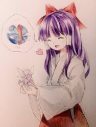 Rule 34 | 2girls, colored pencil (medium), commentary request, fairy wings, flat chest, hair ribbon, hakurei reimu, hakurei reimu (pc-98), heart, highres, japanese clothes, kaigen 1025, kimono, long hair, long sleeves, multiple girls, pink hair, purple hair, red ribbon, red skirt, ribbon, simple background, skirt, spoken object, sweatdrop, touhou, touhou (pc-98), traditional media, white background, white kimono, wide sleeves, wings, yin yang orb (fairy)