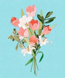 Rule 34 | blue background, bouquet, commentary, commission, english commentary, flower, highres, leaf, libbyframe, lily (flower), no humans, original, pink flower, pink tulip, plant, signature, simple background, still life, tulip, white flower