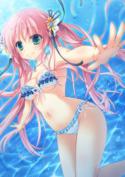 Rule 34 | 1girl, bare arms, bare shoulders, bikini, breasts, cleavage, collarbone, day, frilled bikini, frills, front-tie bikini top, front-tie top, furukawa lemon, green eyes, hair between eyes, jewelry, long hair, medium breasts, navel, necklace, original, outdoors, outstretched arms, pendant, pink hair, shiny skin, side-tie bikini bottom, smile, solo, spread arms, striped bikini, striped clothes, swimsuit, twintails, underboob, underwater, water