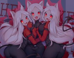 Rule 34 | 3girls, absurdres, animal ears, ass, black gloves, black vest, breasts, cerberus (helltaker), collared shirt, commentary, demon girl, demon tail, dog ears, dog girl, fang, gloves, glowing, glowing eyes, helltaker, highres, large breasts, long hair, looking at viewer, multiple girls, necktie, open mouth, red eyes, red shirt, shirt, skin fang, smile, tail, triplets, vest, waistcoat, white hair, zeroblood
