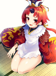 Rule 34 | 1girl, apron, benienma (fate), blush, brown hair, commentary request, fate/grand order, fate (series), hat, highres, hinata sora, japanese clothes, kimono, kneeling, lap pillow invitation, long hair, long sleeves, looking at viewer, low ponytail, open mouth, parted bangs, ponytail, red eyes, red hair, smile, solo, very long hair, white apron, wide sleeves