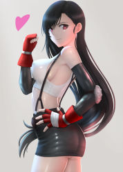 Rule 34 | 1girl, ass, bare shoulders, black gloves, black hair, breasts, clenched hand, commentary, cowboy shot, earrings, elbow gloves, elbow pads, final fantasy, final fantasy vii, fingerless gloves, from side, gloves, grey background, hand on own hip, hand up, heart, highres, jewelry, large breasts, long hair, looking at viewer, no bra, red eyes, red gloves, shirt, sideboob, simple background, siraha, skirt, sleeveless, sleeveless shirt, smile, solo, suspender skirt, suspenders, tifa lockhart, very long hair
