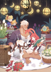 Rule 34 | 1boy, 1girl, absurdres, animal ears, bandaged hand, bandages, bare arms, bare legs, basket, beard, blonde hair, blue eyes, book, book stack, bouquet, braid, bright pupils, closed mouth, coat, collarbone, couple, dark-skinned male, dark skin, dated, eyebrows, eyes visible through hair, facial hair, fictional persona, final fantasy, final fantasy xiv, flower, full body, hair over one eye, hand on own knee, hand rest, hand up, height difference, hetero, heterochromia, highres, holding, holding book, indian style, indoors, knees up, lamp, leaf, leaning back, long hair, nail polish, navel, open book, open clothes, open coat, open mouth, pectorals, platinum blonde hair, puppet, purple flower, purple tulip, rabbit ears, reading, red eyes, red flower, red hair, red nails, red rose, revealing clothes, roegadyn, rose, scar, shirt, short sleeves, shorts, side braid, sitting, sitting on lap, sitting on person, smile, soles, stomach, teeth, toenails, toes, tulip, twin braids, upper teeth only, viera, warrior of light (ff14), white pupils, xiang wan wei wan, yellow eyes, yellow flower