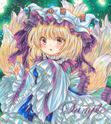 Rule 34 | 1girl, :o, animal hat, blonde hair, blue tabard, blush, cowboy shot, dress, fox tail, frilled hat, frills, green background, hat, long sleeves, looking at viewer, marker (medium), medium hair, mob cap, multiple tails, ofuda, ofuda on clothes, open mouth, rui (sugar3), sample watermark, solo, tabard, tail, teeth, touhou, traditional media, upper teeth only, watermark, white dress, white hat, wide sleeves, yakumo ran, yellow eyes