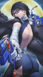 Rule 34 | 1girl, absurdres, ass, bayonetta, bayonetta (series), bayonetta 2, black hair, blue eyes, bodysuit, dual wielding, elbow gloves, from behind, glasses, gloves, gun, highres, holding, huge ass, looking at viewer, looking down, moon, night, night sky, short hair, skin tight, sky, smile, snagback, solo, weapon