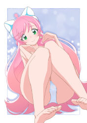 Rule 34 | 1girl, barefoot, bow, braid, cameltoe, closed mouth, commentary, crotch seam, cure prism, dutch angle, earrings, feet, floating, green eyes, hair bow, highres, hirogaru sky! precure, jewelry, long hair, looking at viewer, magical girl, miyagoe yoshitsuki, nijigaoka mashiro, outside border, panties, pink hair, precure, smile, soles, solo, toes, topless, underwear, underwear only, white bow, white panties