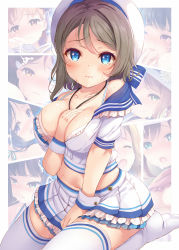 Rule 34 | 10s, 1girl, arm between breasts, bad perspective, bare shoulders, between breasts, blue bow, blue eyes, blue sailor collar, blush, bow, bra, breasts, collarbone, commentary request, crop top, cum, facial, frilled bra, frills, grey hair, hat, idol, jewelry, komone ushio, layered skirt, looking at viewer, love live!, love live! school idol festival, love live! school idol project, love live! sunshine!!, medium breasts, midriff, miniskirt, navel, necklace, off shoulder, petticoat, pleated skirt, sailor collar, sailor hat, seiza, short hair, sitting, skirt, skirt set, solo focus, sweat, swept bangs, thighhighs, underwear, watanabe you, white bra, white thighhighs, wrist cuffs