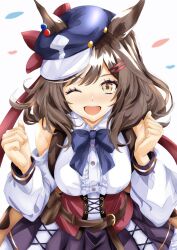 Rule 34 | 1girl, belt buckle, blush, breasts, brown hair, buckle, clothing cutout, commentary request, hair ornament, hairclip, hat, highres, horse girl, looking at viewer, matikane tannhauser (umamusume), medium breasts, medium hair, nasuring, one eye closed, open mouth, ribbon, shoulder cutout, simple background, solo, umamusume, white background, yellow eyes