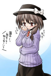 Rule 34 | 1girl, akou roushi, arm up, blush, braid, brown eyes, brown hair, smelling clothes, female focus, female pervert, hair ribbon, hat, hat ribbon, necktie, pervert, ribbed sweater, ribbon, shirt, skirt, smelling, smile, solo, sweater, touhou, translation request, usami renko