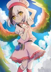 Rule 34 | 1girl, absurdres, blue sky, brown eyes, closed mouth, cloud, gradient sky, hand on headwear, hat, highres, hollow song of birds, kayon (touzoku), looking at viewer, multicolored wings, rainbow gradient, rainbow wings, red socks, red trim, shirt, short hair, short sleeves, skirt, sky, smile, socks, solo, test tube, torisumi horou, touhou, white hair, white hat, white shirt, white skirt, wings