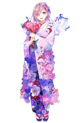 Rule 34 | 1girl, :d, absurdres, alternate costume, blush, bouquet, commentary request, creature, creature on shoulder, fate/grand order, fate (series), floral print, flower, flower trim, fou (fate), hair flower, hair ornament, hair over one eye, highres, holding, holding bouquet, hutuu (1121), japanese clothes, kimono, long sleeves, looking at viewer, mash kyrielight, multicolored clothes, multicolored kimono, on shoulder, open mouth, petals, pink flower, pink hair, pink rose, print kimono, purple eyes, purple flower, red flower, rose, short hair, simple background, smile, tulip, white background, wide sleeves