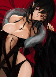 Rule 34 | 1girl, bamuth, black choker, black hair, breasts, center opening, choker, cleavage, yu mei-ren (fate), ear piercing, earrings, fate/grand order, fate (series), female focus, fur-trimmed jacket, fur collar, fur trim, hair between breasts, highres, jacket, jewelry, long hair, lying, multiple earrings, piercing, red eyes, revealing clothes, solo, strapless, swimsuit, very long hair