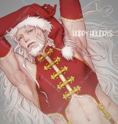 Rule 34 | 1boy, armpits, bara, beard, christmas, covered erect nipples, dutch angle, elbow gloves, facial hair, from above, gloves, goatee, hat, highres, i reibun, long hair, lying, male focus, mature male, midriff, muscular, muscular male, mustache, navel, old, old man, on back, original, pectorals, red hat, santa claus, santa costume, santa hat, sidepec, solo, thick beard, thick eyebrows, toned, toned male, upper body, very long hair