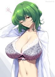 Rule 34 | 1girl, bra, breasts, cleavage, commentary request, green hair, hair between eyes, hand in own hair, highres, huge breasts, kazami yuuka, lace, lace-trimmed bra, lace trim, large breasts, lipstick, long sleeves, looking at viewer, makeup, mattari yufi, navel, one eye closed, open clothes, open shirt, red eyes, shirt, short hair, sleepy, solo, squeans, touhou, twitter username, underwear, upper body, white background, white shirt