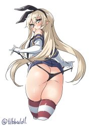 Rule 34 | 10s, 1girl, ass, bad id, bad twitter id, black panties, blush, butt crack, clothes lift, cropped legs, ebifurya, elbow gloves, from behind, gloves, grey eyes, hair between eyes, hair ribbon, hairband, highres, inactive account, kantai collection, light brown hair, long hair, looking at viewer, looking back, panties, panty lift, ribbon, self wedgie, shimakaze (kancolle), simple background, skirt, skirt lift, solo, strap lift, striped clothes, striped thighhighs, thighhighs, thighs, thong, twitter username, underwear, very long hair, wedgie, white background, white gloves