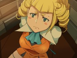 Rule 34 | 10s, 1girl, arms behind back, blonde hair, blue eyes, blush, bound, breasts, closed mouth, don (rg06268), drill hair, female focus, floor, from above, gundam, gundam build fighters, highres, ice place, imminent rape, indoors, large breasts, legs, long hair, looking up, red skirt, restrained, scarf, sitting, skirt, solo, sweatdrop, thick eyebrows, thighs, tied up, yajima caroline