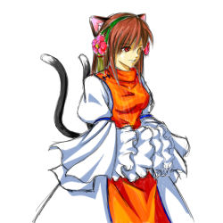 Rule 34 | 1girl, alternate costume, animal ears, brown hair, cat ears, cat girl, cat tail, chen, dress, female focus, flower, frilled dress, frills, hair flower, hair ornament, hands in opposite sleeves, imomusya, multiple tails, aged up, one eye closed, red eyes, sketch, solo, tail, touhou, wink