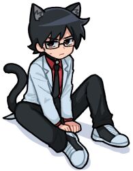 1boy animal_ears black_hair black_necktie black_pants brown_eyes cat_ears cat_tail closed_mouth coat collared_shirt full_body gideon_graves glasses male_focus necktie pants re_adamator red_shirt scott_pilgrim_(series) scott_pilgrim_takes_off shadow shirt shoes short_hair simple_background sitting solo sweatdrop tail two-tone_footwear white_background white_coat