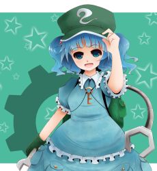 Rule 34 | 1girl, adjusting clothes, adjusting headwear, arano oki, backpack, bag, blue eyes, blue hair, blush, claws, extra arms, female focus, gears, gloves, green background, hair bobbles, hair ornament, hat, kawashiro nitori, key, matching hair/eyes, open mouth, short hair, skirt, smile, solo, star (symbol), touhou, twintails, two side up, wrench