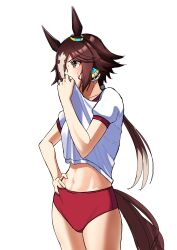 Rule 34 | 1girl, absurdres, animal ears, blush, brown eyes, brown hair, buruma, closed mouth, clothes lift, commentary request, cowboy shot, ears down, gym shirt, gym uniform, hair over one eye, hand up, highres, horse ears, horse girl, horse tail, lifting own clothes, long hair, multicolored hair, puffy short sleeves, puffy sleeves, red buruma, senchan 7, shirt, shirt lift, short sleeves, silk, solo, standing, streaked hair, summer uniform, sweat, tail, tracen training uniform, umamusume, v-shaped eyebrows, very long hair, vodka (umamusume), white background, white hair, white shirt, wiping sweat