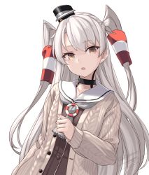 Rule 34 | 1girl, amatsukaze (kancolle), artist name, black dress, brown eyes, buttons, cardigan, dated, dress, hair tubes, kantai collection, long hair, long sleeves, open cardigan, open clothes, open mouth, rokuwata tomoe, sailor collar, sailor dress, signature, silver hair, solo, twitter username, two side up, upper body, white sailor collar