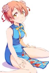 Rule 34 | 1girl, :3, barefoot, blue dress, china dress, chinese clothes, dress, flower, hair flower, hair ornament, hand on own leg, highres, hoshizora rin, looking at viewer, love live!, love live! school idol festival, love live! school idol project, neck ribbon, orange hair, pink flower, ribbon, sen (sen0910), short hair, sitting, sleeveless, sleeveless dress, solo, wariza, white background, yellow eyes, yellow ribbon