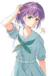 Rule 34 | 1girl, absurdres, alternate hair length, alternate hairstyle, aqua neckerchief, bob cut, breasts, collarbone, commentary request, cowlick, dated, dress, earrings, green eyes, hand in own hair, hasu no sora school uniform, highres, ixianim, jewelry, link! like! love live!, looking at viewer, love live!, medium breasts, neckerchief, otomune kozue, parted lips, pleated dress, purple hair, sailor collar, sailor dress, school uniform, shadow, short hair, short sleeves, simple background, solo, stud earrings, summer uniform, upper body, virtual youtuber, white background, white dress, white sailor collar