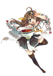 Rule 34 | 10s, 1girl, ahoge, bare shoulders, black hair, blue eyes, boots, breasts, brown hair, detached sleeves, frilled skirt, frills, hair ornament, hairband, headgear, japanese clothes, kantai collection, kongou (kancolle), long hair, malino (dream maker), one eye closed, personification, plaid, plaid skirt, ribbon-trimmed sleeves, ribbon trim, skirt, smile, solo, thigh boots, thighhighs, wink, zettai ryouiki