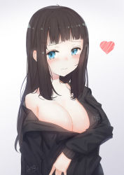 Rule 34 | 1girl, ano54, bare shoulders, black jacket, blue eyes, blush, breasts, brown hair, cleavage, copyright request, gradient background, grey background, heart, highres, hood, hood down, hooded jacket, jacket, long hair, long sleeves, looking at viewer, medium breasts, off shoulder, signature, solo, tears, upper body, very long hair, white background