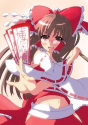 Rule 34 | 1girl, bespectacled, blush, bow, brown hair, detached sleeves, female focus, glasses, gohei, groin, hair bow, hakurei reimu, highres, kuromu (underporno), long hair, navel, ofuda, open mouth, red eyes, solo, touhou, wide sleeves