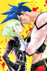 Rule 34 | 2boys, black gloves, black jacket, blonde hair, blue eyes, blue hair, ascot, crossed arms, galo thymos, gloves, half gloves, hand on own hip, highres, jacket, lio fotia, looking at another, male focus, multiple boys, pectorals, promare, purple eyes, topless male, smile, spiked hair, stare down, sukeno yoshiaki