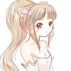 Rule 34 | 00s, 1girl, animal ears, bare shoulders, blush, breasts, brown hair, cleavage, detached sleeves, flat chest, fushigiboshi no futago hime, leonne, long hair, pink eyes, ponytail, sketch, small breasts, solo, yuuichi (tareme paradise)