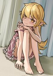 Rule 34 | 1girl, an yb, bare shoulders, barefoot, blonde hair, blush, bright pupils, closed mouth, commentary, curtains, dress, feet, hand on ground, hand on own shoulder, head tilt, highres, knees up, long hair, looking at viewer, monogatari (series), on floor, oshino shinobu, panties, pantyshot, pink dress, sitting, smile, solo, sundress, underwear, white panties, yellow eyes