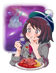 Rule 34 | 1girl, beret, blush, bob cut, brown hair, creature as food, creatures (company), curry, curry rice, eating, food, food on face, game freak, gen 5 pokemon, gloria (pokemon), grey sweater, halo, hand on own face, happy, hat, nintendo, pokemon, pokemon (creature), pokemon swsh, pom pom (clothes), rice, sausage, short hair, signature, space, spoon, star-shaped pupils, star (symbol), sweater, symbol-shaped pupils, tam o&#039; shanter, tepig, vinhnyu