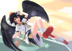 Rule 34 | 1girl, absurdres, bag, belt, bird wings, black belt, black hair, black ribbon, black skirt, blush, breasts, brown bag, camera, feathered wings, feathers, frilled skirt, frills, geta, hat, highres, holding, holding camera, leaf print, open mouth, pointing, pom pom (clothes), potesayolover, puffy short sleeves, puffy sleeves, red eyes, red footwear, red hat, ribbon, shameimaru aya, shirt, short hair, short sleeves, shoulder bag, skirt, small breasts, tengu, tengu-geta, tokin hat, touhou, white legwear, white shirt, wings