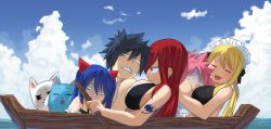 Rule 34 | 3boys, 4girls, age difference, animal, animal ears, annoyed, arm tattoo, bare arms, bikini, bikini top only, black bikini, black bra, black hair, blonde hair, blue hair, blue sky, blush, boat, bra, breast press, breasts, brown eyes, cat, charle (fairy tail), clenched teeth, closed eyes, closed mouth, cloud, erza scarlet, facing another, facing viewer, fairy tail, from side, gaston18, glaring, gray fullbuster, hair between eyes, hair ornament, hair tie, half-closed eyes, happy, happy (fairy tail), headdress, height difference, holding, hug, jewelry, large breasts, leaning back, long hair, looking at another, looking at viewer, lucy heartfilia, maid headdress, multiple boys, multiple girls, natsu dragneel, necklace, oar, ocean, open mouth, outdoors, parted lips, pink hair, reclining, red hair, rowboat, rowing, scarf, short hair, sitting, sitting together, sky, smile, spiked hair, sweat, sweatdrop, swimsuit, tattoo, teeth, tongue, topless, twintails, underwear, upper body, water, watercraft, wendy marvell, whiskers, white eyes