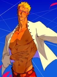 Rule 34 | 1boy, abs, blonde hair, blush, closed mouth, donquixote doflamingo, earrings, highres, hoop earrings, jewelry, long sleeves, male focus, one piece, open clothes, orange-tinted eyewear, shirt, short hair, silk, smile, solo, spider web, sunglasses, tinted eyewear, wesaier, white-framed eyewear, white shirt