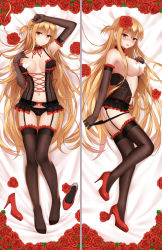 Rule 34 | 1girl, arm up, armpits, ass, asuna (sao), bare shoulders, bed sheet, black panties, blonde hair, braid, breasts, brown eyes, brown gloves, brown thighhighs, censored, center opening, cleavage, collarbone, dakimakura (medium), elbow gloves, flower, frills, full body, garter belt, gloves, heart, heart censor, high heels, highres, large breasts, lingerie, long hair, looking at viewer, lying, multiple views, navel, negligee, no shoes, on back, on side, panties, panty pull, parted lips, red flower, red footwear, rko (a470350510), rose, shoes, unworn shoes, sidelocks, smile, stomach, sword art online, thighhighs, underwear, underwear only, very long hair
