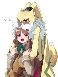 Rule 34 | 1girl, 1other, :d, belt, black belt, body fur, bow, bowtie, brown gloves, brown hair, brown jacket, chinese commentary, collared shirt, digimon, digimon (creature), digimon ghost game, floppy ears, furry, gloves, green bow, green bowtie, highres, jacket, long hair, long sleeves, open mouth, orange eyes, pink eyes, school uniform, shirt, simple background, smile, symbareangoramon, teeth, tsukiyono ruli, upper teeth only, white background, white shirt, youzaiyouzai112