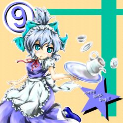 Rule 34 | 1girl, alternate costume, alternate hairstyle, apron, blue eyes, blue hair, blush, bow, circled 9, cirno, cosplay, cup, dress, dropping, enmaided, hair bow, izayoi sakuya (cosplay), maid, maid apron, open mouth, ponytail, pot, red star (toranecomet), ribbon, saucer, shoes, short hair, solo, touhou, tray, wings