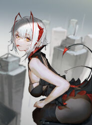 Rule 34 | 1girl, :p, ambience synesthesia, antenna hair, arknights, bare shoulders, black dress, black footwear, black pantyhose, boots, breasts, building, closed mouth, clothing cutout, day, demon girl, demon horns, demon tail, dress, from side, grey hair, highres, horns, large breasts, leaning forward, lingear, looking at viewer, looking to the side, official alternate costume, outdoors, pantyhose, red hair, short hair, sideboob, sitting, skyscraper, sleeveless, sleeveless dress, smile, solo, tail, tail through clothes, thigh boots, tongue, tongue out, w (arknights), yellow eyes