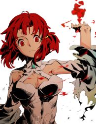 Rule 34 | 10s, 1girl, ahoge, arm up, blood, breasts, brooch, cleavage, dress, glowing, glowing eyes, izetta, jewelry, large breasts, looking at viewer, magic, red eyes, red hair, serious, shuumatsu no izetta, solo, sworgun, torn clothes, white background, white dress