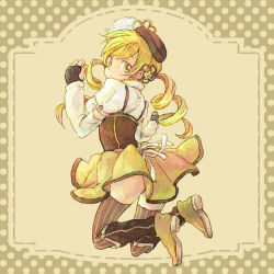 10s 1girl beret blonde_hair boots den detached_sleeves drill_hair female_focus fingerless_gloves gloves hair_ornament hairpin hat magical_girl mahou_shoujo_madoka_magica mahou_shoujo_madoka_magica_(anime) solo striped_clothes striped_thighhighs thighhighs tomoe_mami tomoe_mami_(magical_girl) twin_drills twintails vertical-striped_clothes vertical-striped_thighhighs