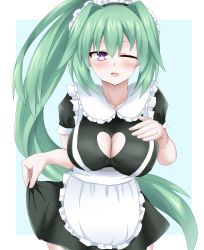 Rule 34 | apron, blue background, breasts, cleavage, cleavage cutout, clothing cutout, dress, elbow, green hair, green heart (neptunia), highres, large breasts, long hair, maid, matrixjudge, neptune (series), one eye closed, open mouth, ponytail, purple eyes, ribbon, uniform, vert (neptunia), wink