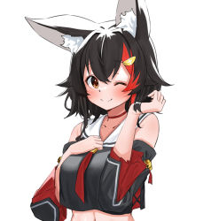 Rule 34 | 1girl, ;), animal ear fluff, animal ears, bell, black hair, black shirt, blush, brown eyes, closed mouth, commentary request, crop top, daichi (daichi catcat), hair ornament, hairclip, highres, hololive, jingle bell, long sleeves, looking at viewer, medium hair, multicolored hair, one eye closed, ookami mio, ookami mio (1st costume), red hair, sailor collar, shirt, simple background, smile, solo, streaked hair, upper body, virtual youtuber, white background, white sailor collar, wolf ears